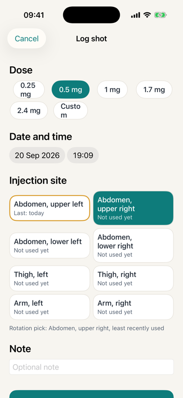 Log shot sheet with dose chips, date and time, and a grid of eight injection sites